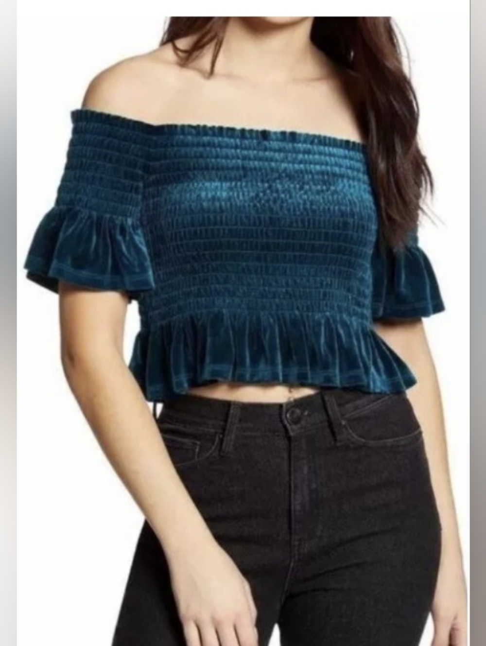 BP Nordstroms Blue Twilight Velvet Off Shoulder Ruffle Crop Top Size M NWT